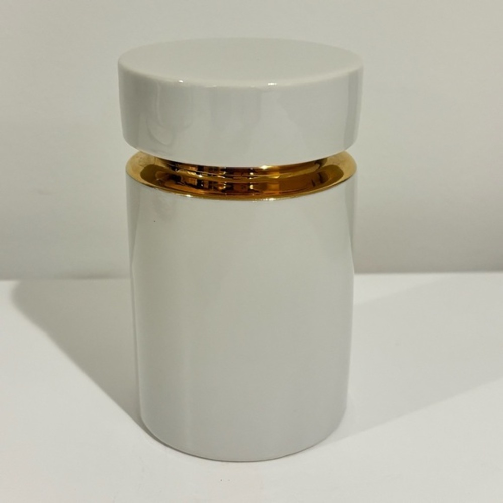 Vintage Trina porcelain apothecary jar & lid white gold tone accents from Japan